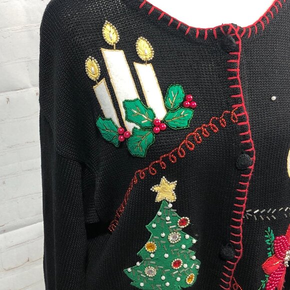 Victoria Jones Embroidered Christmas Cardigan Black Beaded Embellishments Size L - Picture 5 of 15